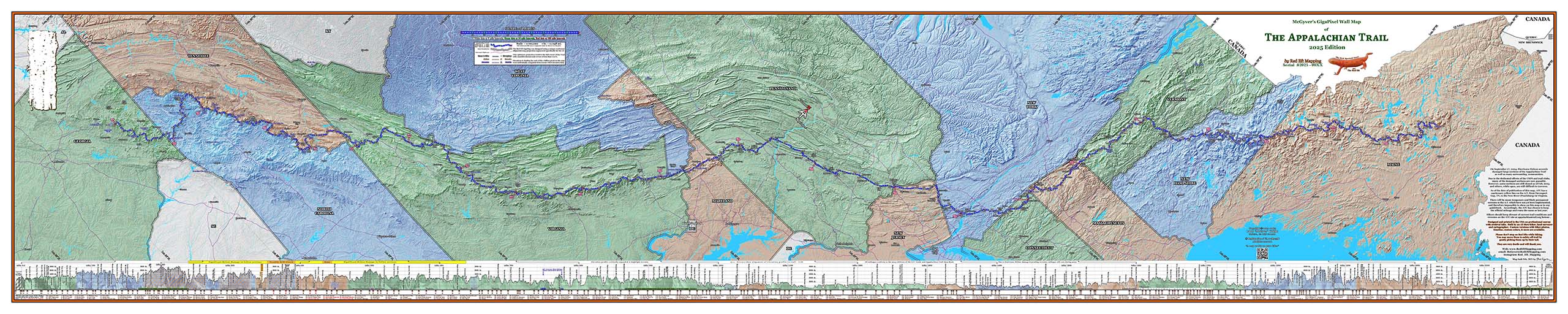 F2: 2025 Appalachian Trail Map - 10 feet wide, on professional canvas - State colored version